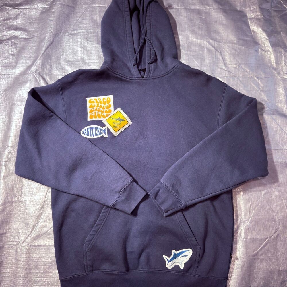 Nantucket Hoodie Mens Large Navy Blue Cisco Brewery Shark Patches Smiley Face L